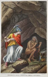 Minerva bezoekt Afgunst of Minerva alla Grotta deli Invidia, illustratie uit Ovidius